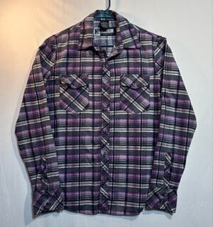 Social Collision Men’s Medium Purple Black Plaid Button Up Shirt Y2K LongSleeve